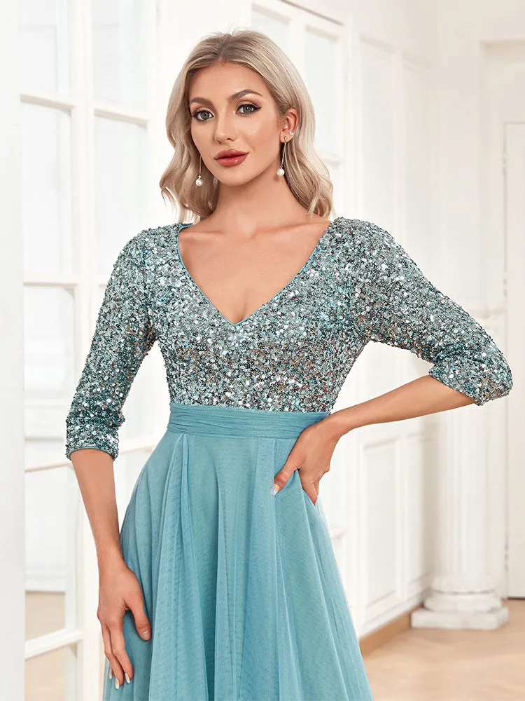 Elegant Short Sleeve V Neck Sequined Tulle Evening Dress