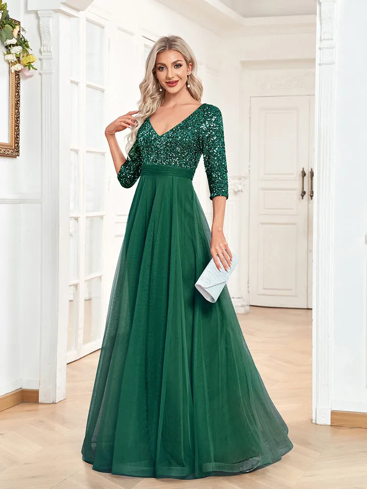 Elegant Short Sleeve V Neck Sequined Tulle Evening Dress