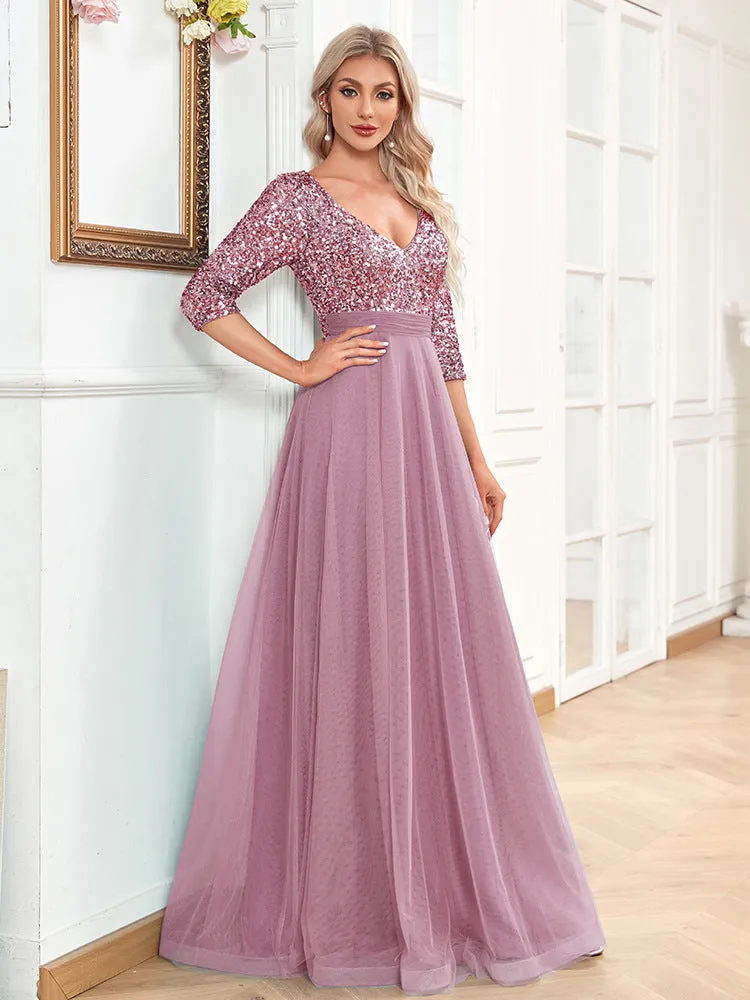 Elegant Short Sleeve V Neck Sequined Tulle Evening Dress