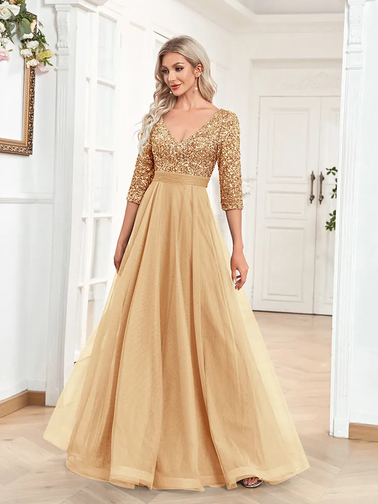 Elegant Short Sleeve V Neck Sequined Tulle Evening Dress