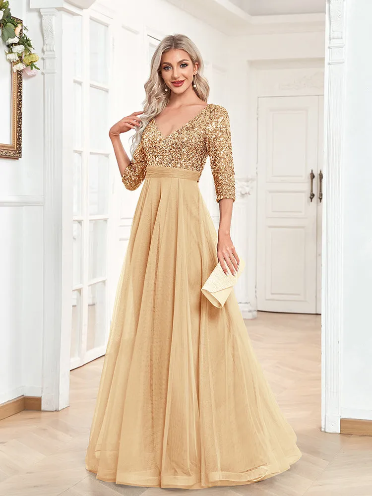 Elegant Short Sleeve V Neck Sequined Tulle Evening Dress