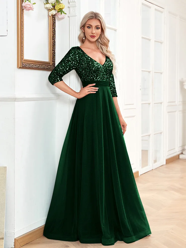 Elegant Short Sleeve V Neck Sequined Tulle Evening Dress