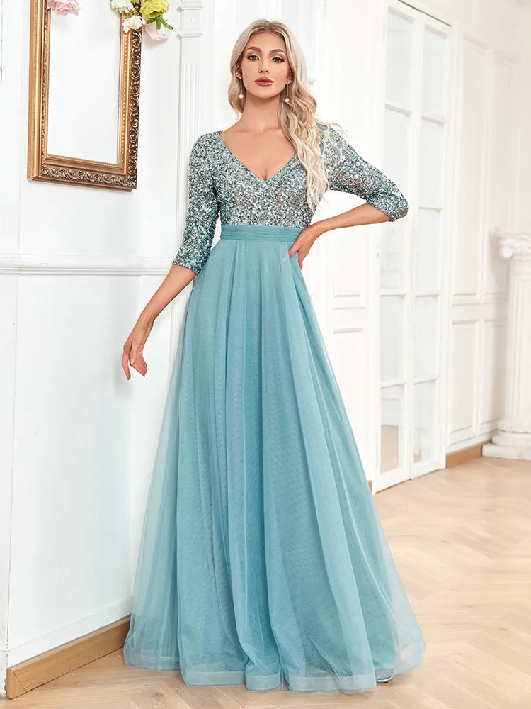 Elegant Short Sleeve V Neck Sequined Tulle Evening Dress