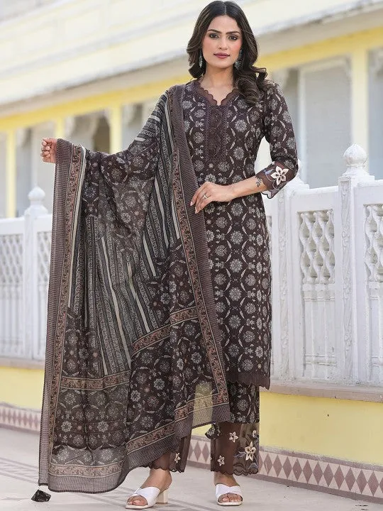 Ethnic Motifs Printed Regular Pure Cotton Kurta with Trouser & Dupatta