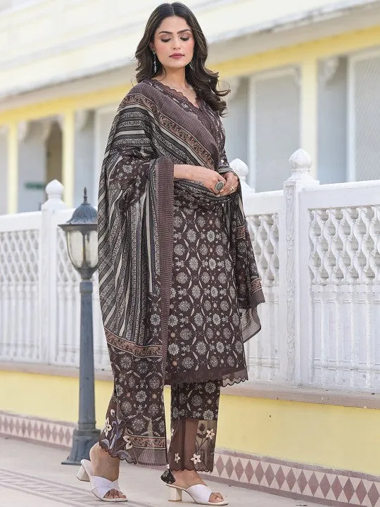 Ethnic Motifs Printed Regular Pure Cotton Kurta with Trouser & Dupatta