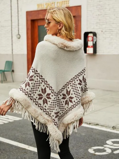 Fringe Geometric Cape Sleeve Poncho | Casual Stretchy Polyester Poncho With Fur