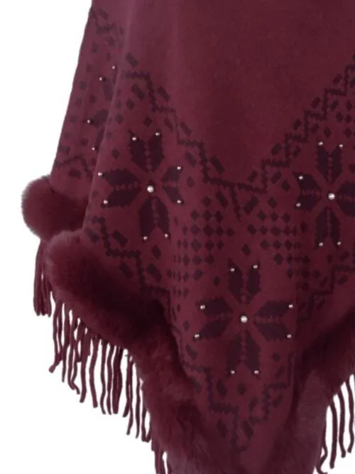 Fringe Geometric Cape Sleeve Poncho | Casual Stretchy Polyester Poncho With Fur