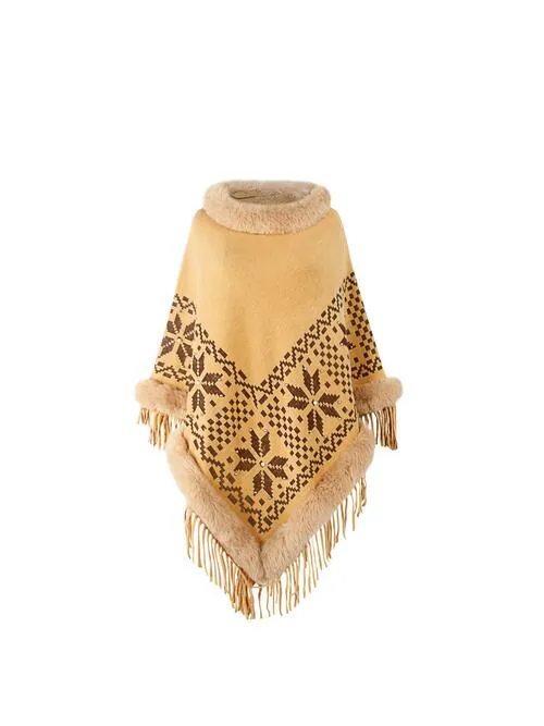 Fringe Geometric Cape Sleeve Poncho | Casual Stretchy Polyester Poncho With Fur