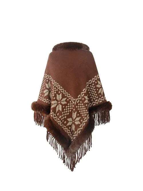 Fringe Geometric Cape Sleeve Poncho | Casual Stretchy Polyester Poncho With Fur