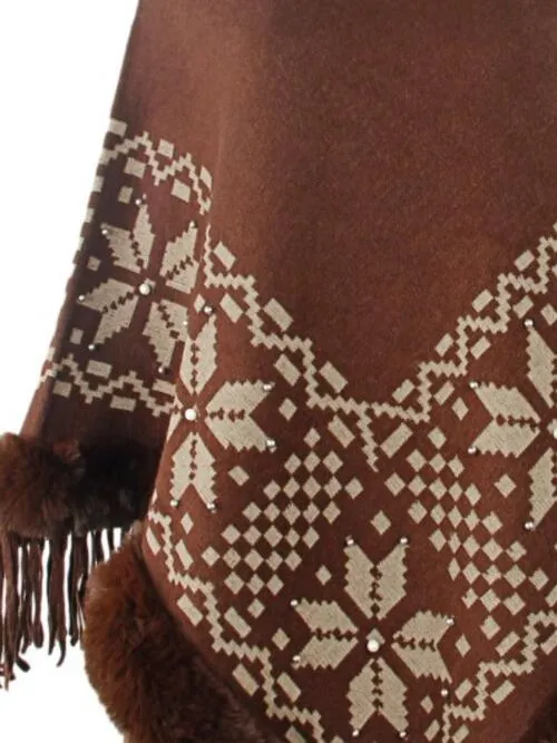 Fringe Geometric Cape Sleeve Poncho | Casual Stretchy Polyester Poncho With Fur