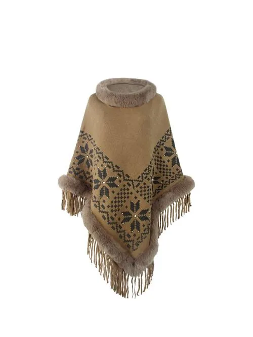 Fringe Geometric Cape Sleeve Poncho | Casual Stretchy Polyester Poncho With Fur
