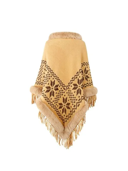 Fringe Geometric Cape Sleeve Poncho | Casual Stretchy Polyester Poncho With Fur