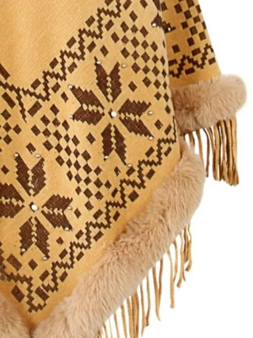 Fringe Geometric Cape Sleeve Poncho | Casual Stretchy Polyester Poncho With Fur