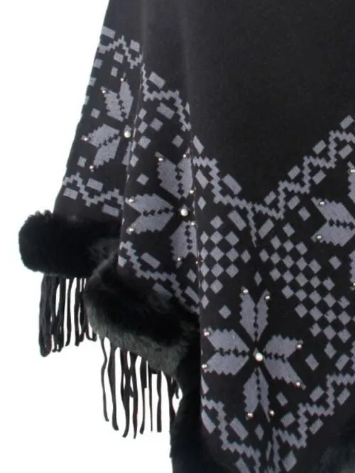 Fringe Geometric Cape Sleeve Poncho | Casual Stretchy Polyester Poncho With Fur
