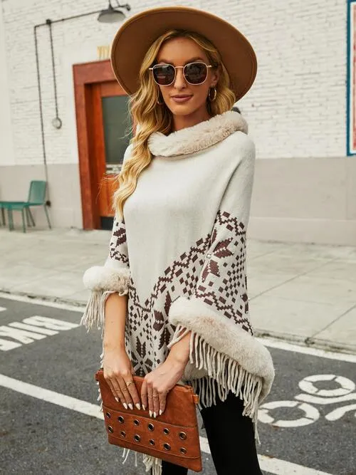 Fringe Geometric Cape Sleeve Poncho | Casual Stretchy Polyester Poncho With Fur