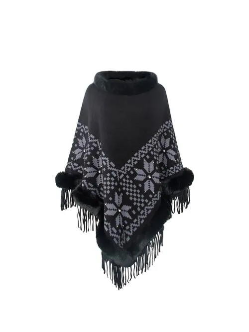 Fringe Geometric Cape Sleeve Poncho | Casual Stretchy Polyester Poncho With Fur