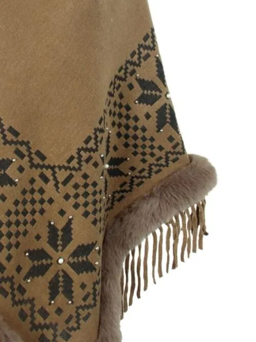 Fringe Geometric Cape Sleeve Poncho | Casual Stretchy Polyester Poncho With Fur