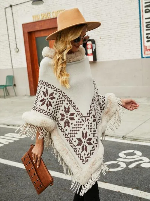 Fringe Geometric Cape Sleeve Poncho | Casual Stretchy Polyester Poncho With Fur