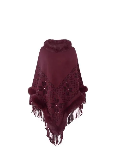 Fringe Geometric Cape Sleeve Poncho | Casual Stretchy Polyester Poncho With Fur