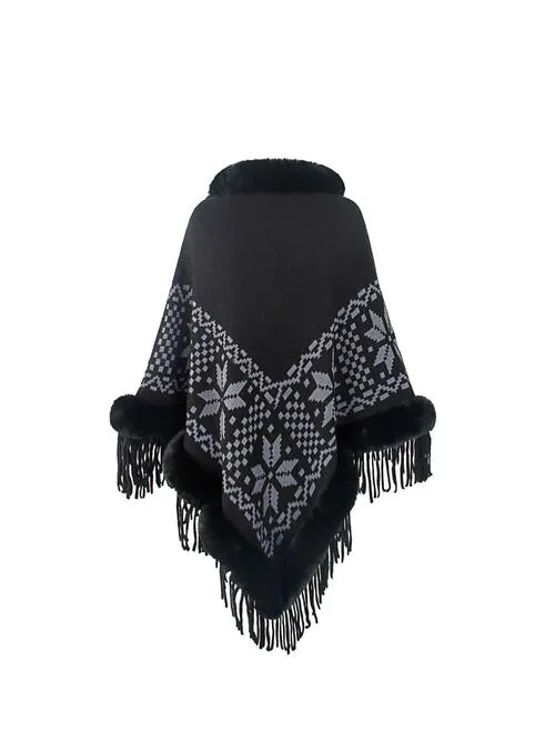 Fringe Geometric Cape Sleeve Poncho | Casual Stretchy Polyester Poncho With Fur