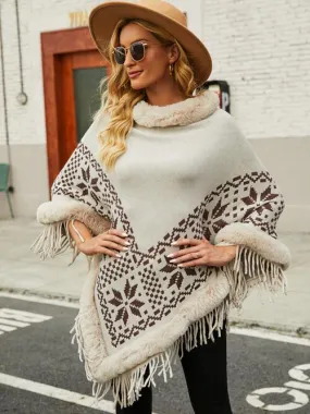 Fringe Geometric Cape Sleeve Poncho | Casual Stretchy Polyester Poncho With Fur