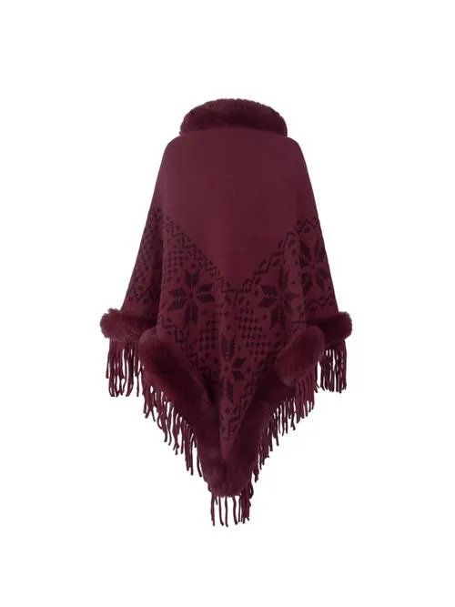 Fringe Geometric Cape Sleeve Poncho | Casual Stretchy Polyester Poncho With Fur