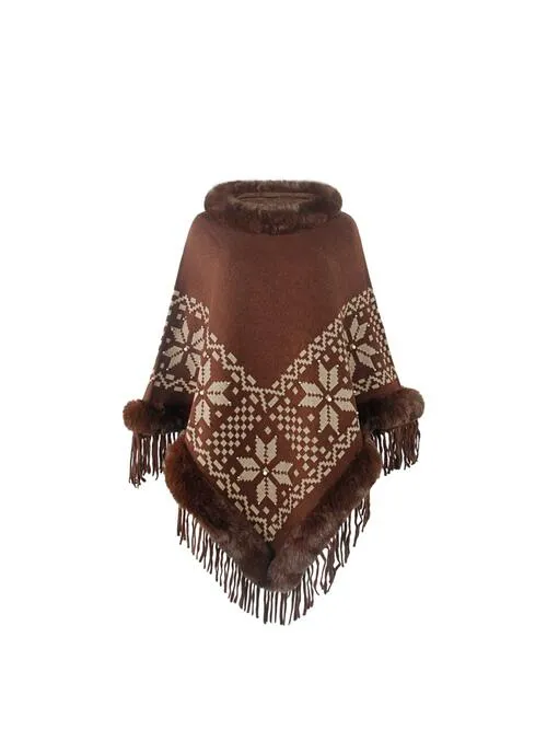 Fringe Geometric Cape Sleeve Poncho | Casual Stretchy Polyester Poncho With Fur
