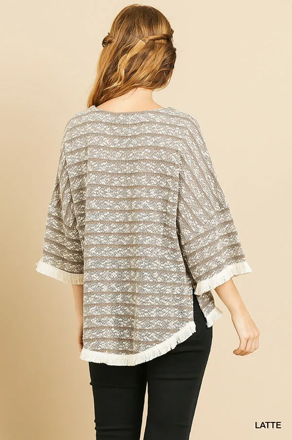 Kendra Heathered Striped Knit Bell Sleeve Top (Latte)