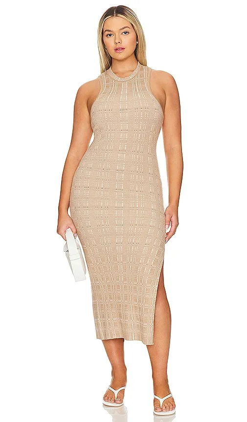 L'Academie by Marianna Halia Midi Knit Dress With Slit in Beige