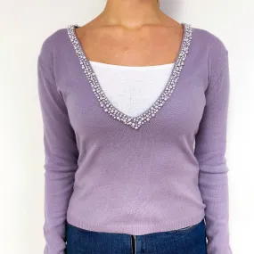 Lilac Purple Pearl Embellished Cashmere V-Neck Jumper Small