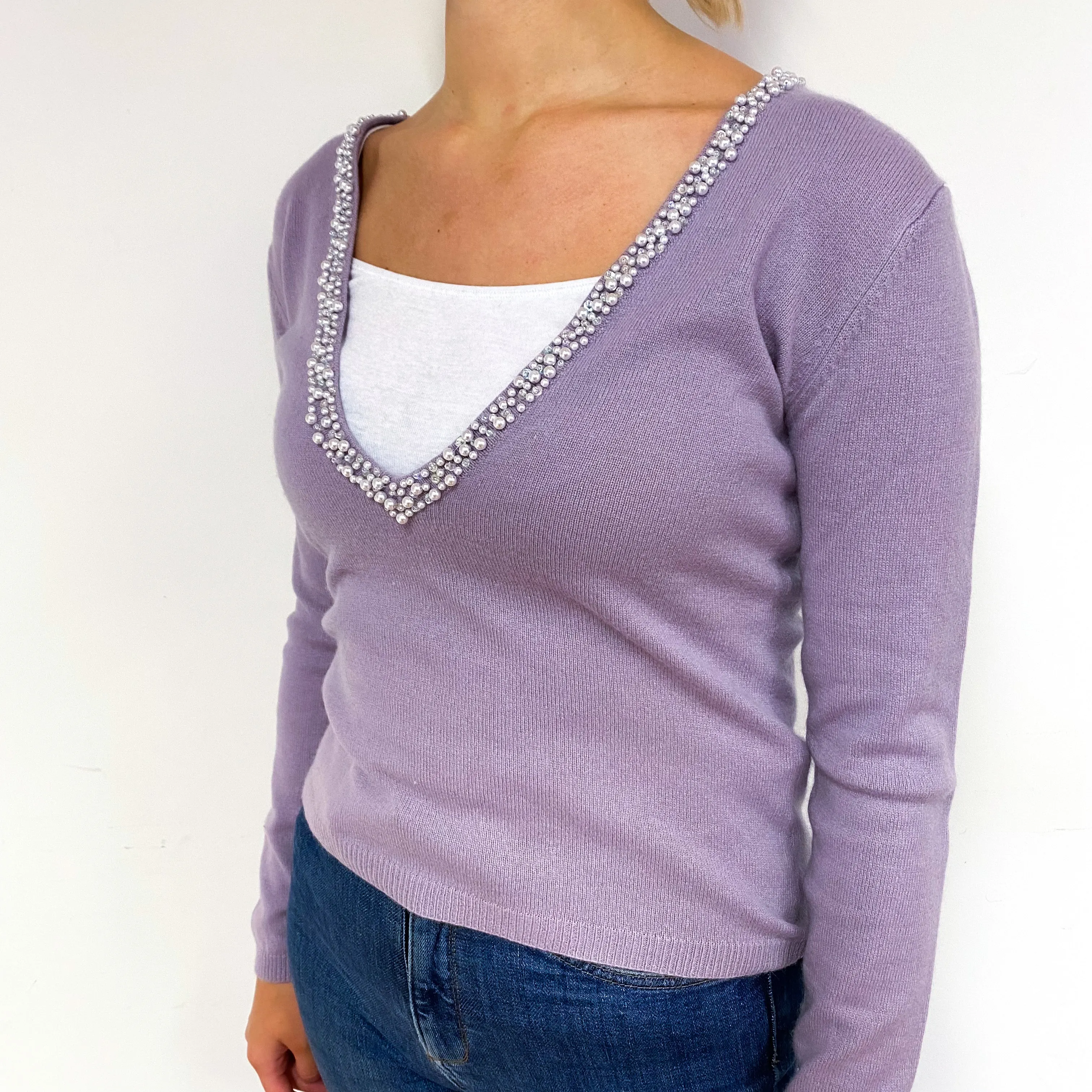 Lilac Purple Pearl Embellished Cashmere V-Neck Jumper Small