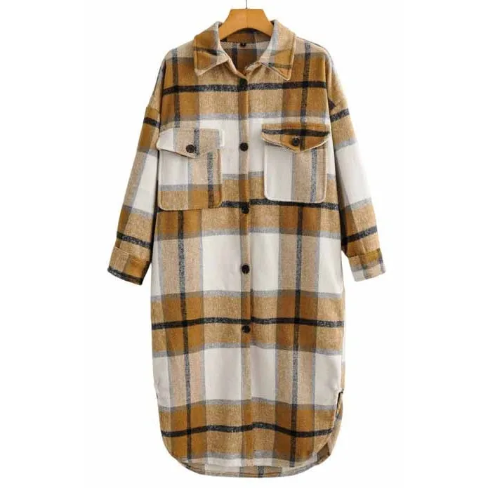 Long Mustard Plaid Print Woven Jacket