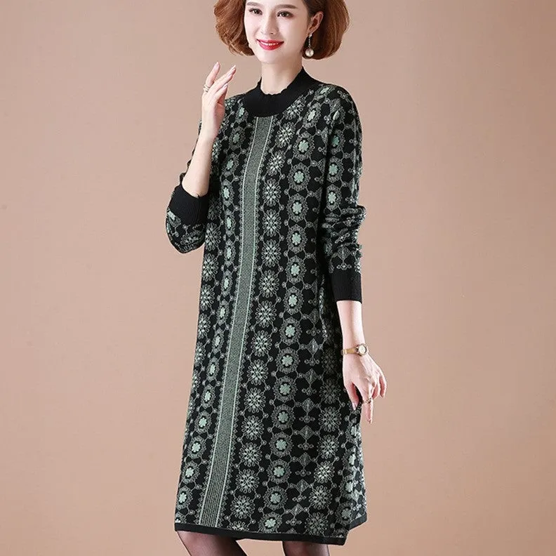Long Sleeve Knee Length Floral A-line Knit Dress Mother Dress