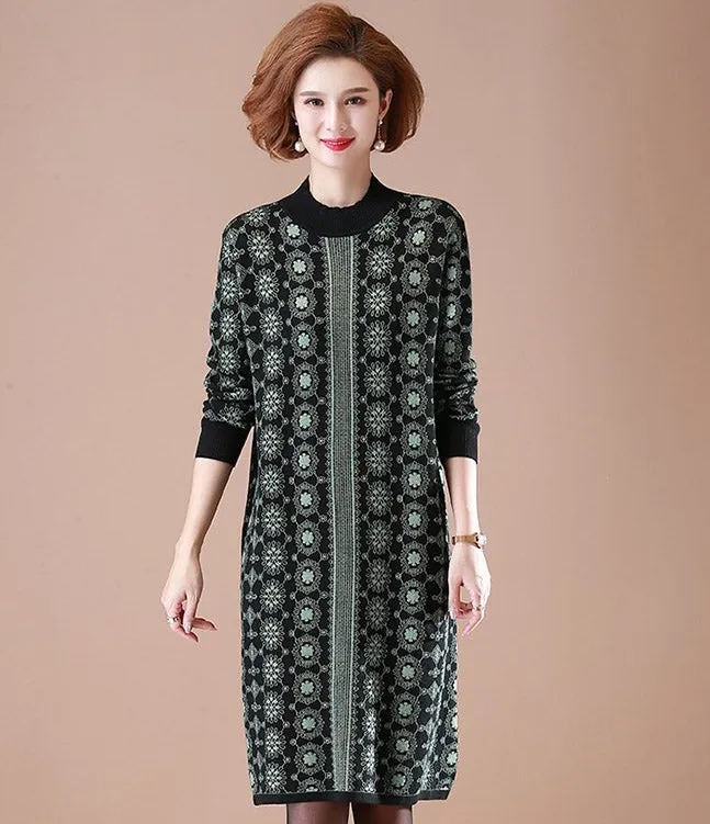 Long Sleeve Knee Length Floral A-line Knit Dress Mother Dress