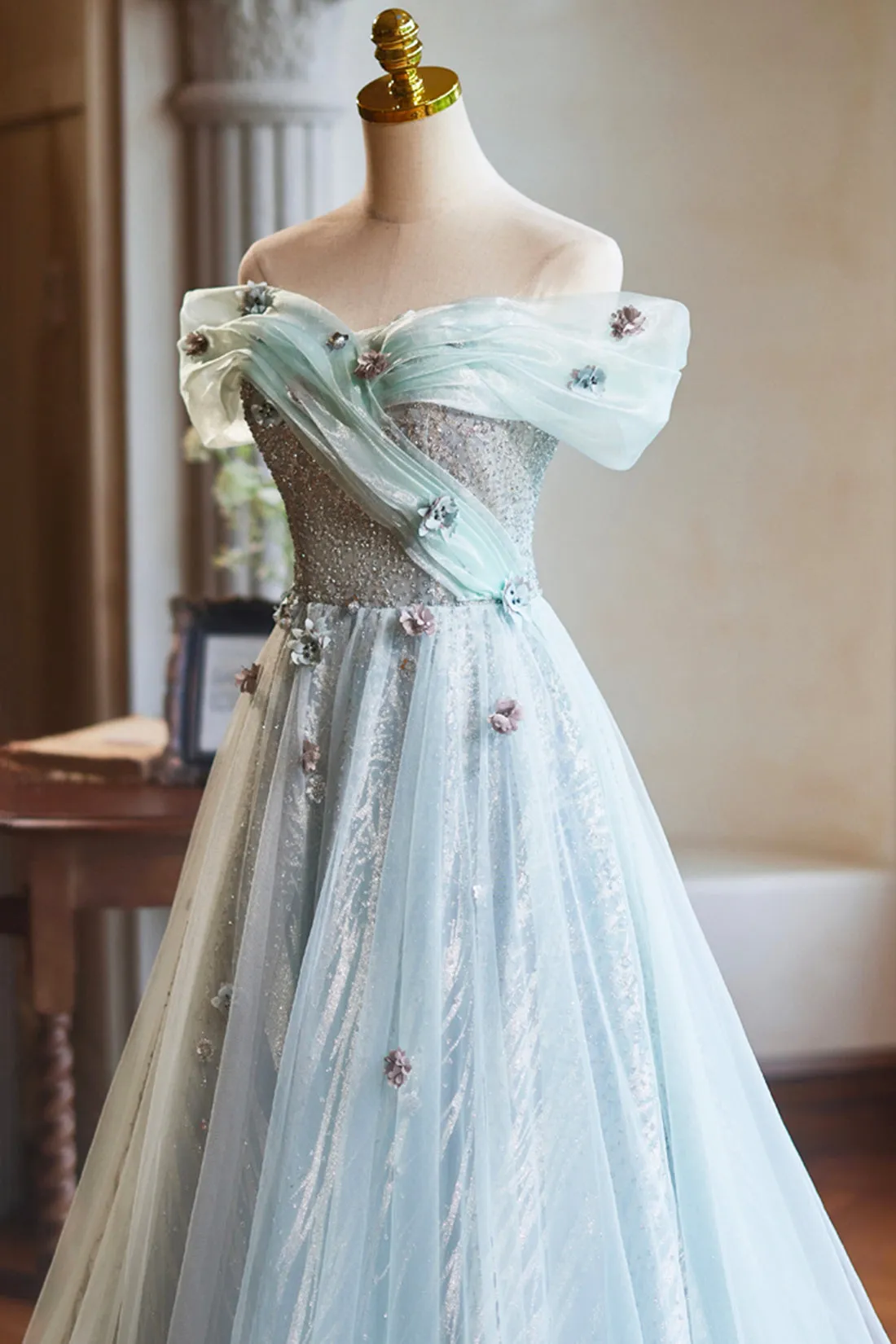 Lovely Tulle Floor Length Green Party Dress, Off the Shoulder A-Line Evening Dress