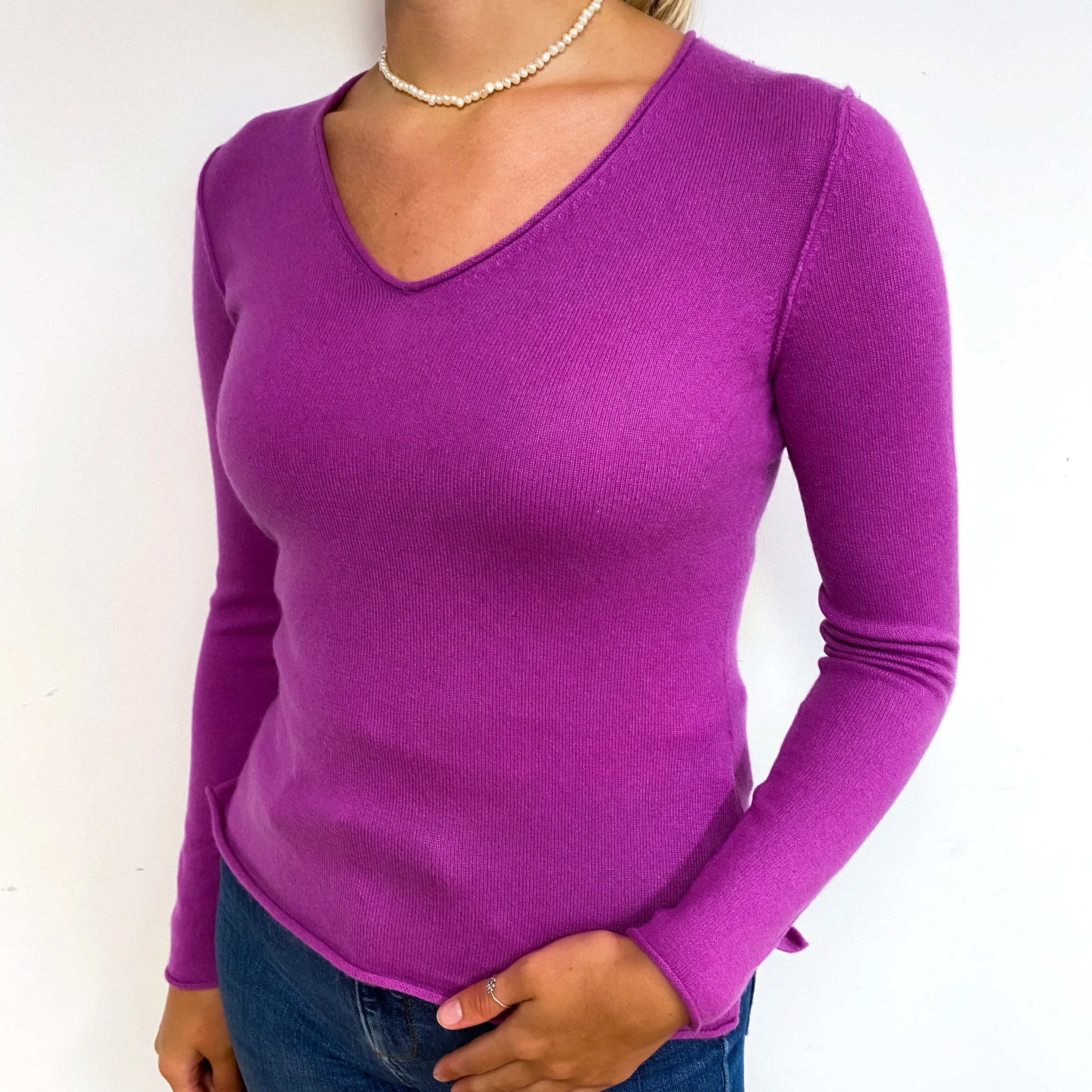 Magenta Purple Cashmere V-Neck Jumper Small