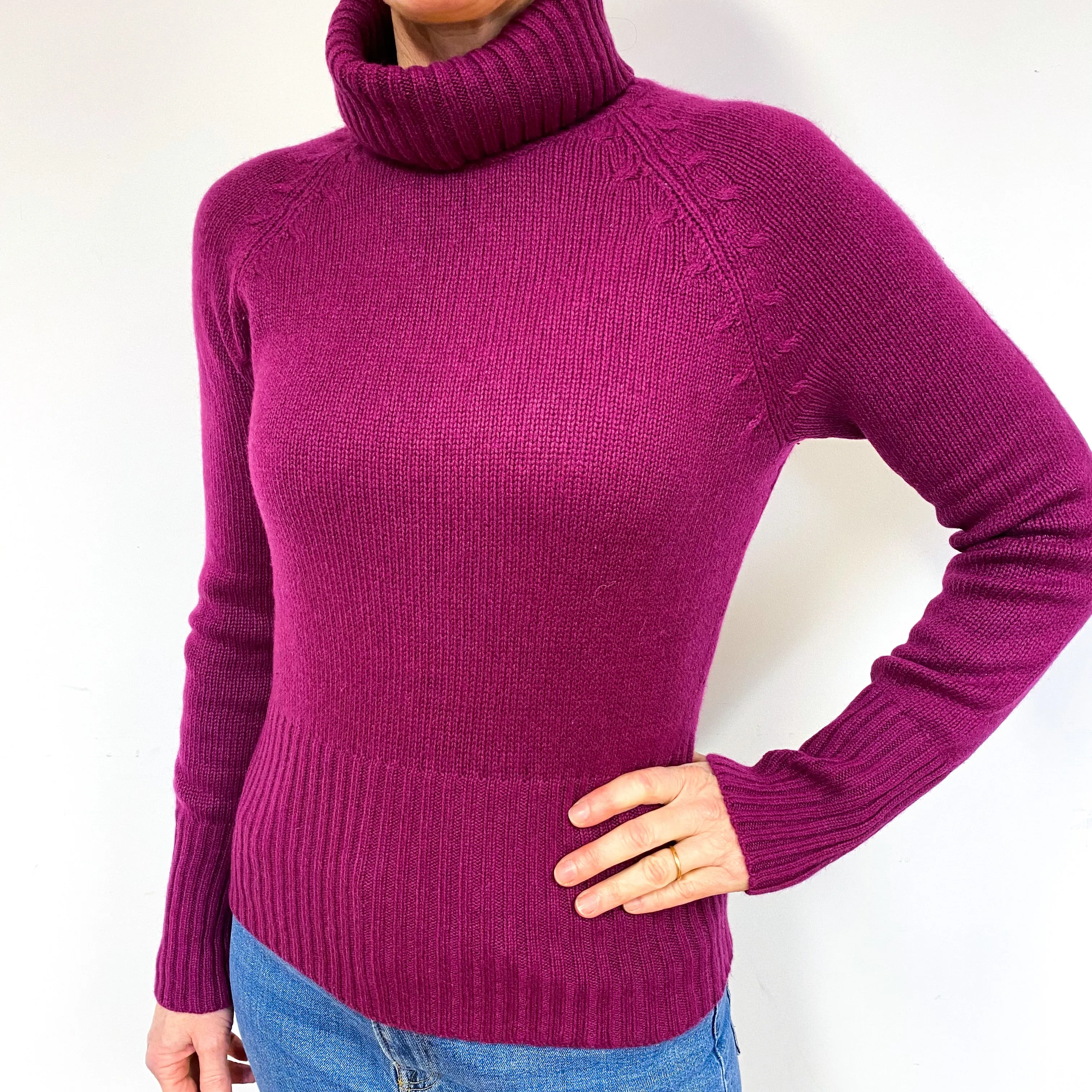 Magenta Purple Heavy Cashmere Polo Neck Jumper Medium