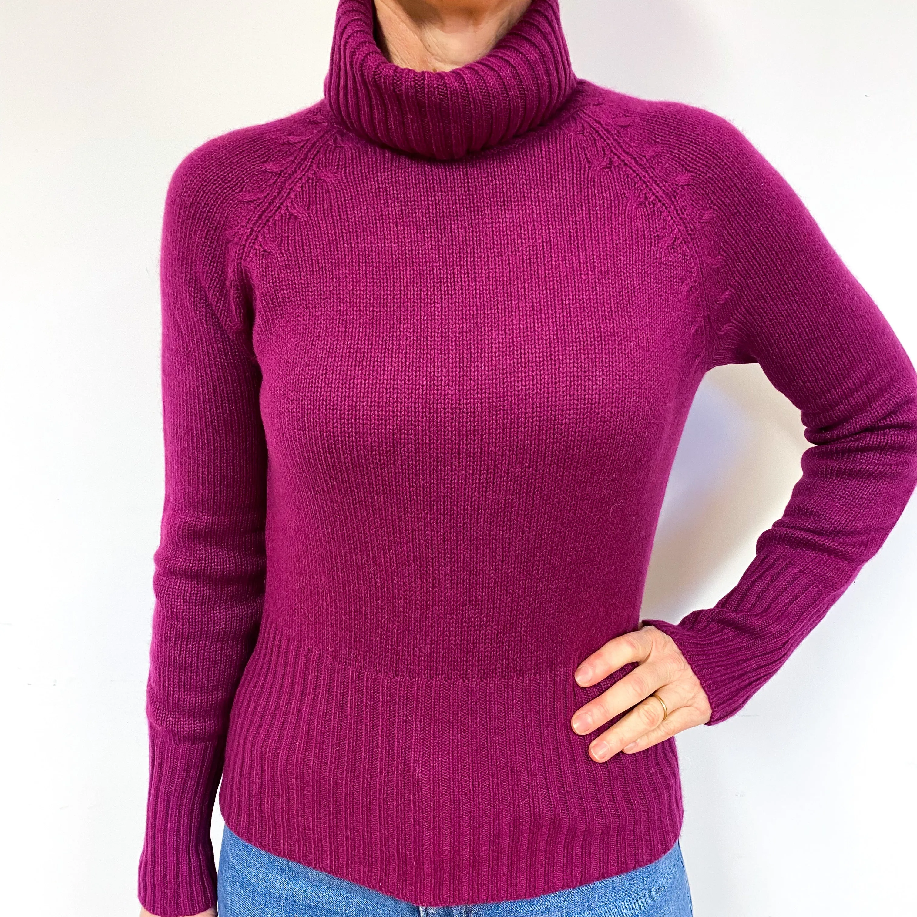 Magenta Purple Heavy Cashmere Polo Neck Jumper Medium