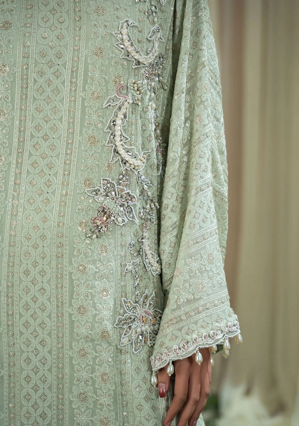 Mint Chikankari Tassel Kaftan