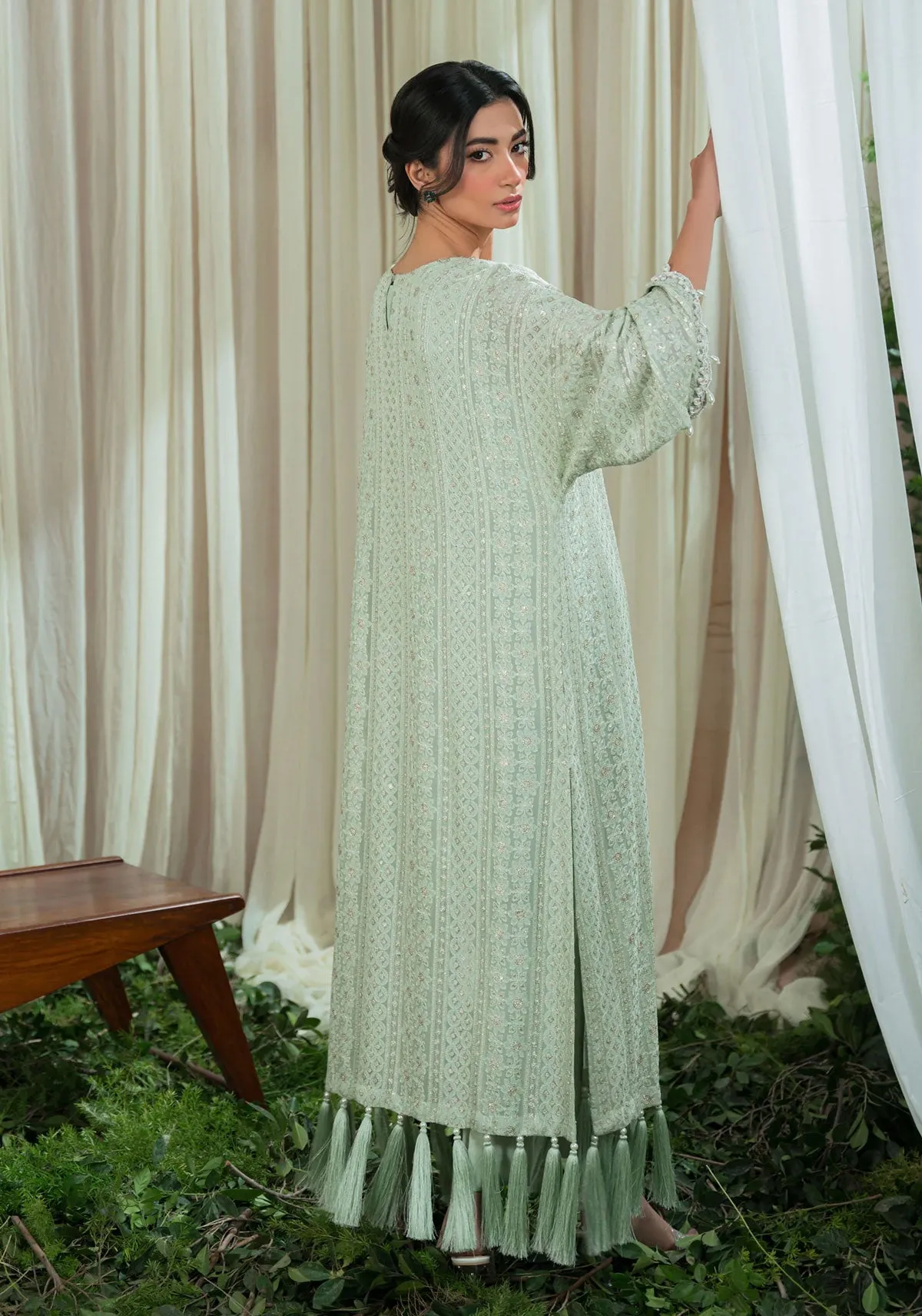 Mint Chikankari Tassel Kaftan