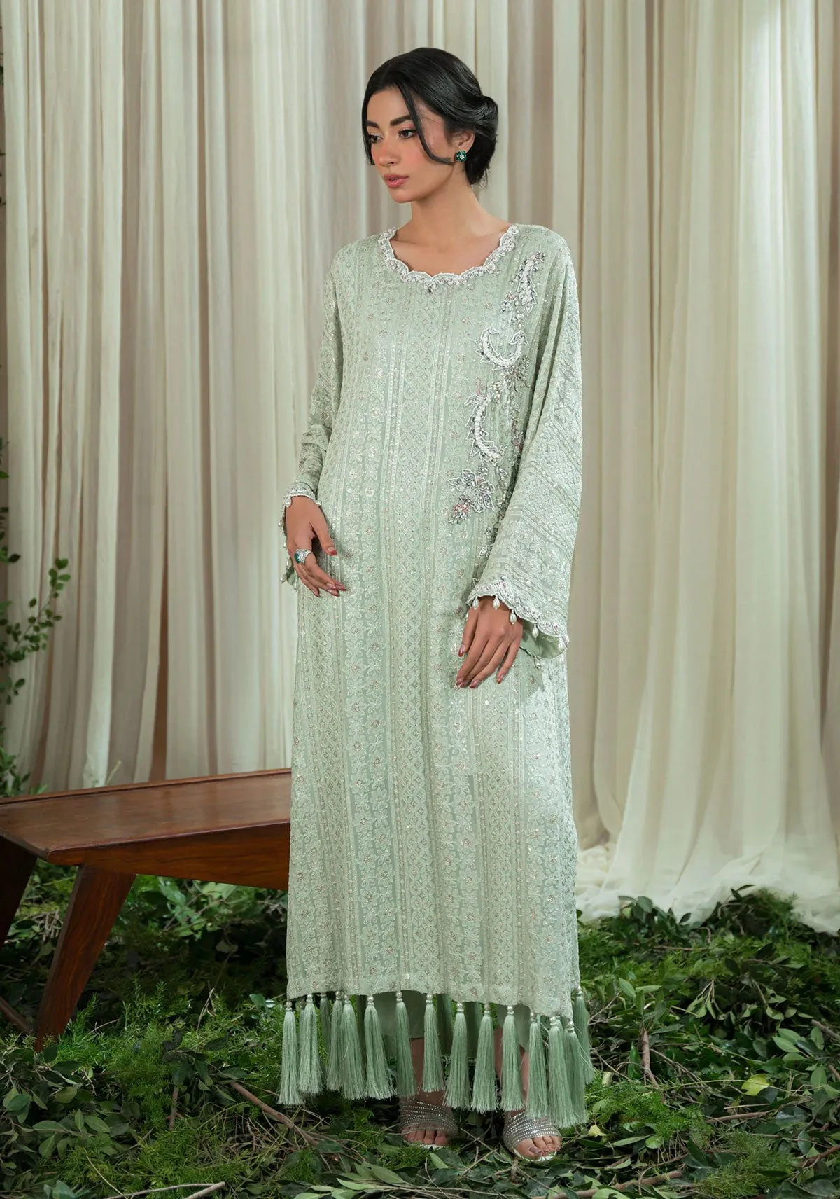 Mint Chikankari Tassel Kaftan