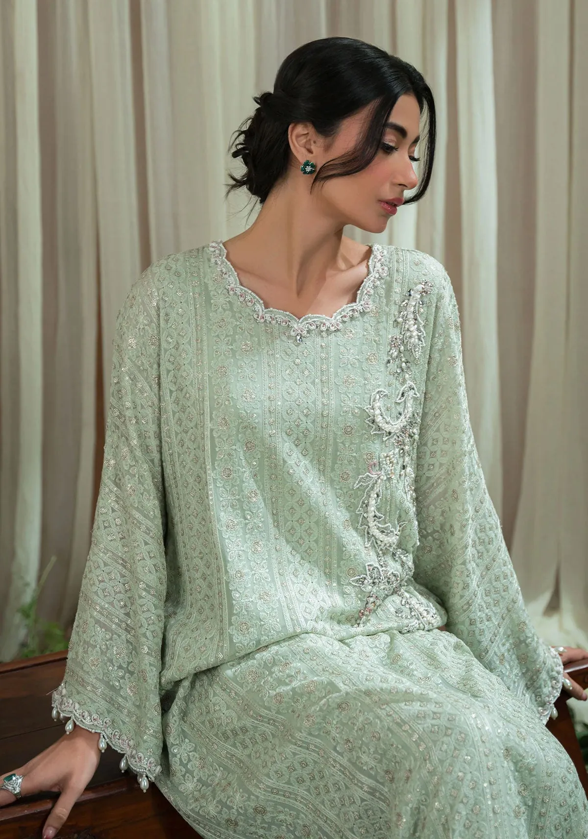 Mint Chikankari Tassel Kaftan