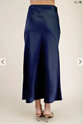 NAVY SATIN MIDI SKIRT