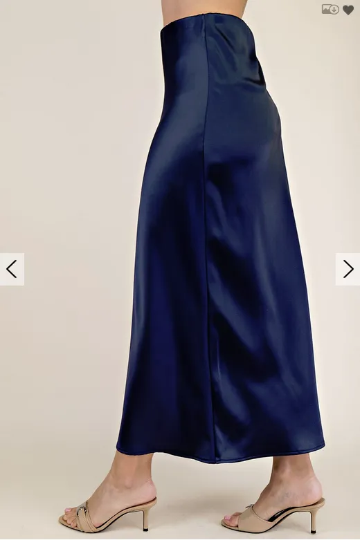 NAVY SATIN MIDI SKIRT