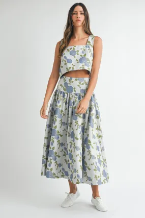 NEWEST ARRIVAL Blue Floral Jacquard Midi Skirt Set
