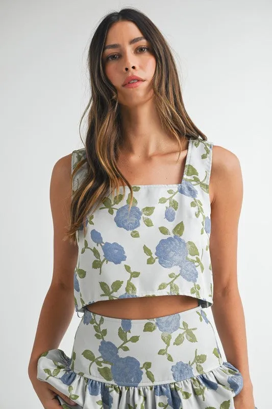 NEWEST ARRIVAL Blue Floral Jacquard Midi Skirt Set