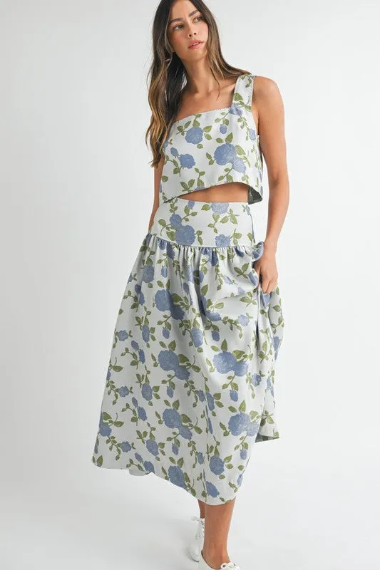 NEWEST ARRIVAL Blue Floral Jacquard Midi Skirt Set