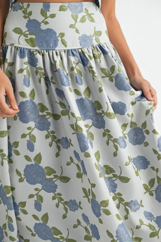 NEWEST ARRIVAL Blue Floral Jacquard Midi Skirt Set