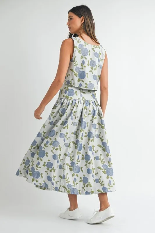 NEWEST ARRIVAL Blue Floral Jacquard Midi Skirt Set