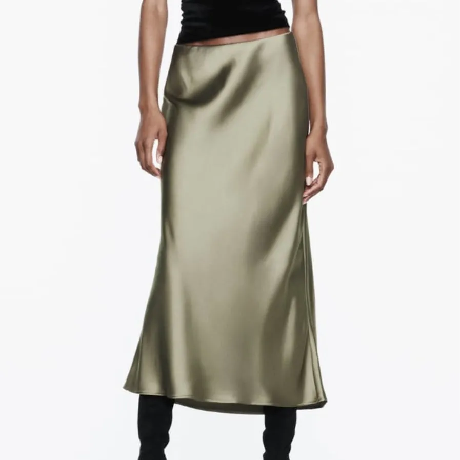 Oyster Sage Bias Cut Satin Skirt